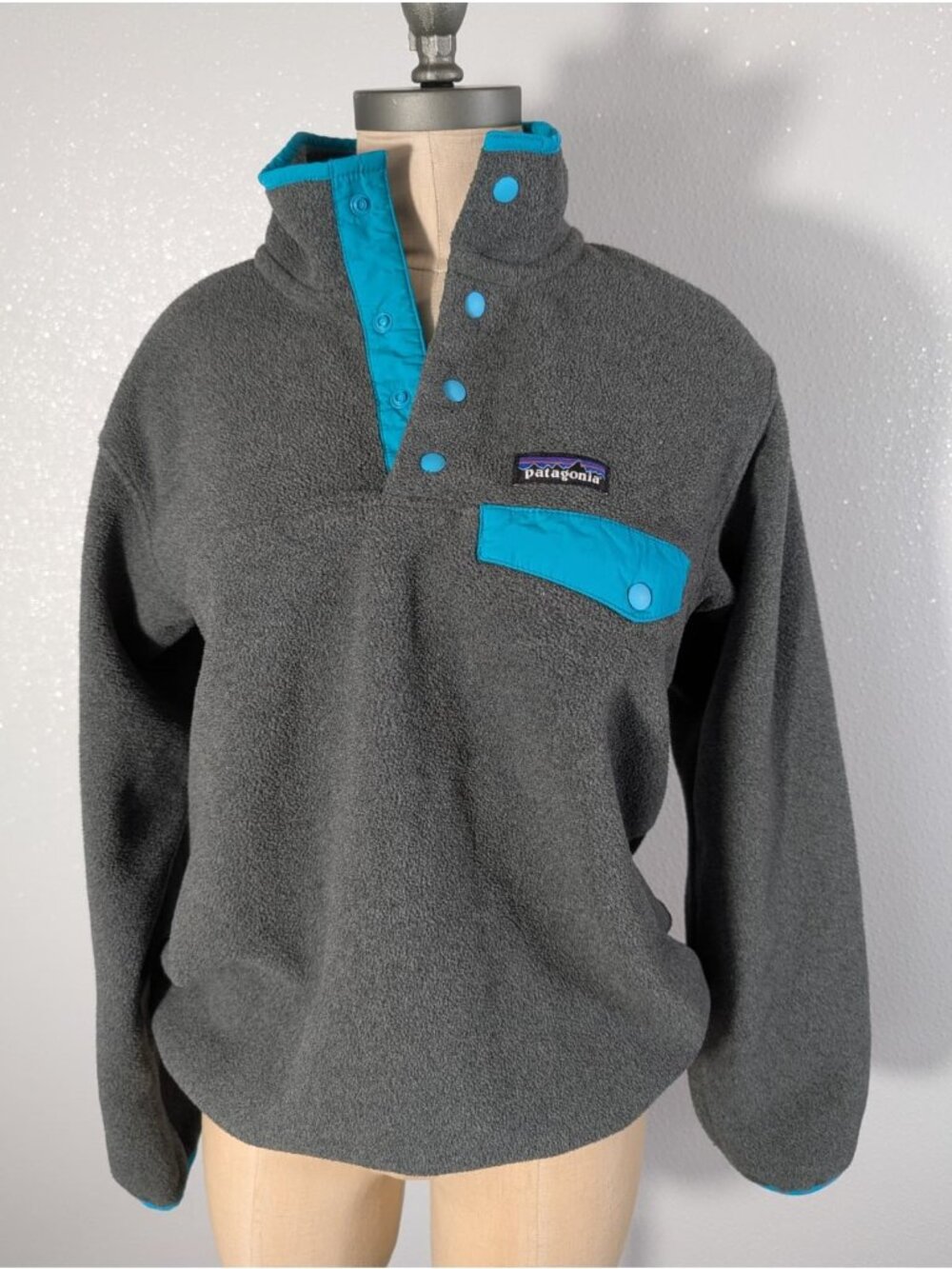 Patagonia Synchilla Gray Fleece Pullover with Blue Accents women's Size S
